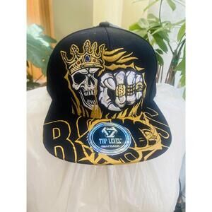 Top Level Snapback Cap with Embroidered Skull and Crown Design